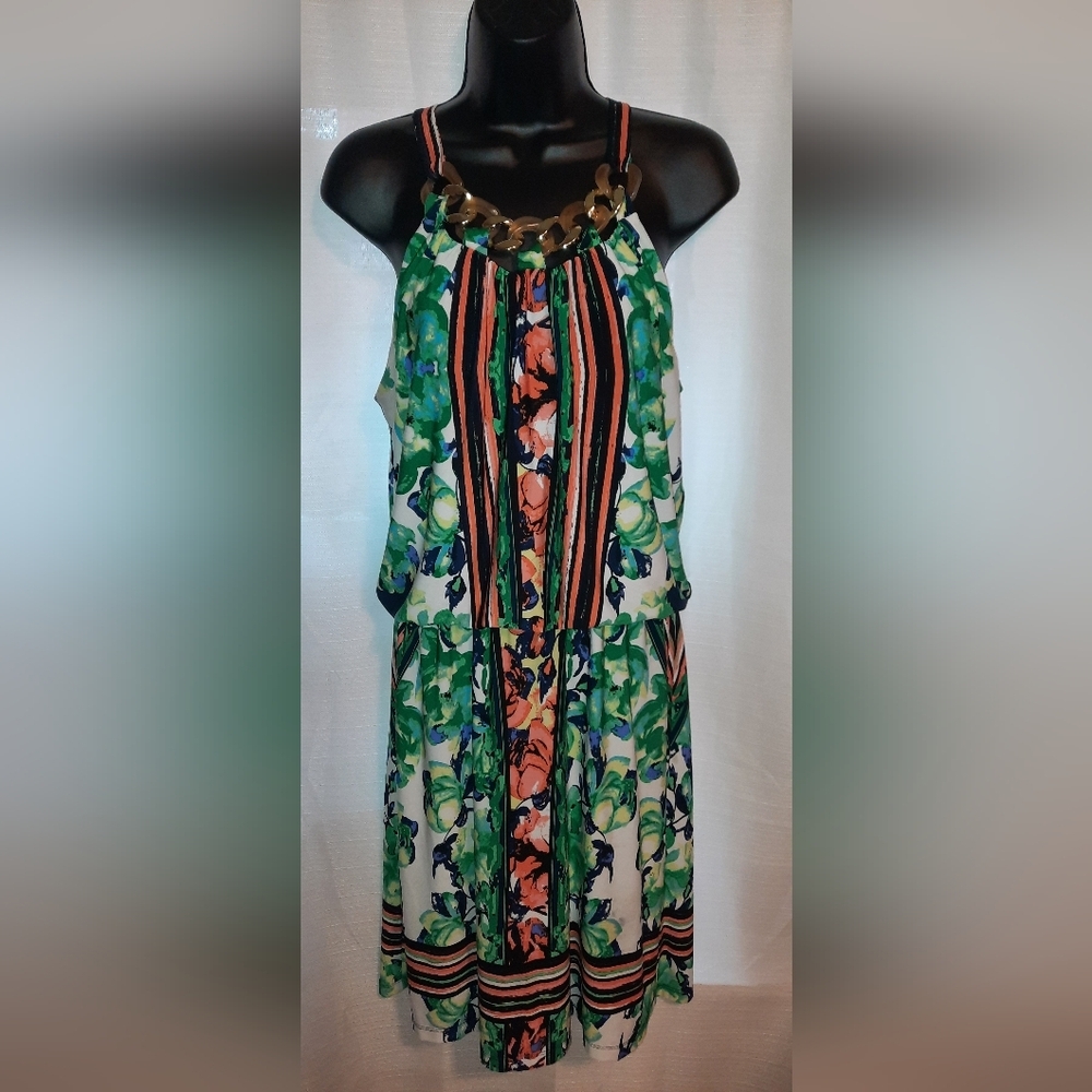 Chetta B Green and Orange Floral Midi Dress